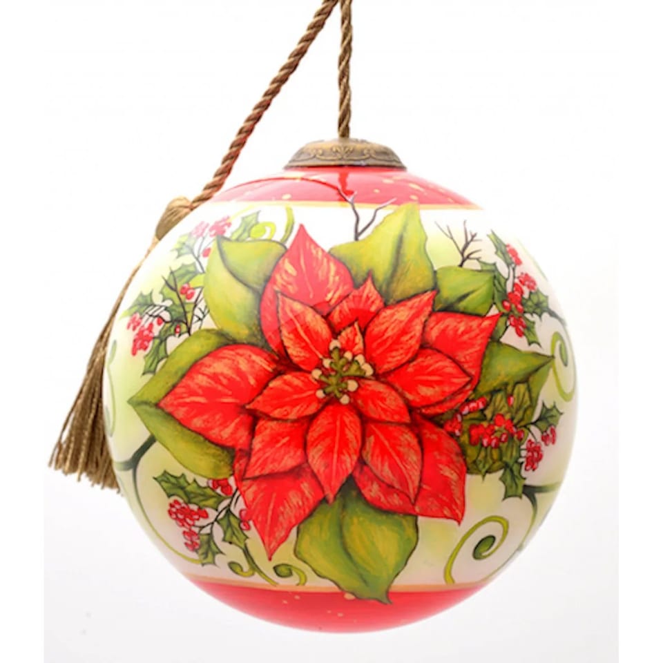 HMS Mini Hand Painted Poinsettia Flower Mouth Blown Glass Ornament Custom Size, product photo