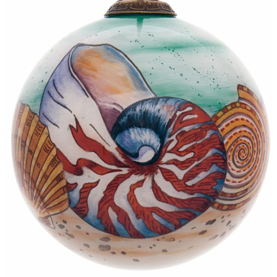 Hand Painted & Mouth Blown Glass Ornament HMS Sea Shell Christmas Ball & Tree, product photo