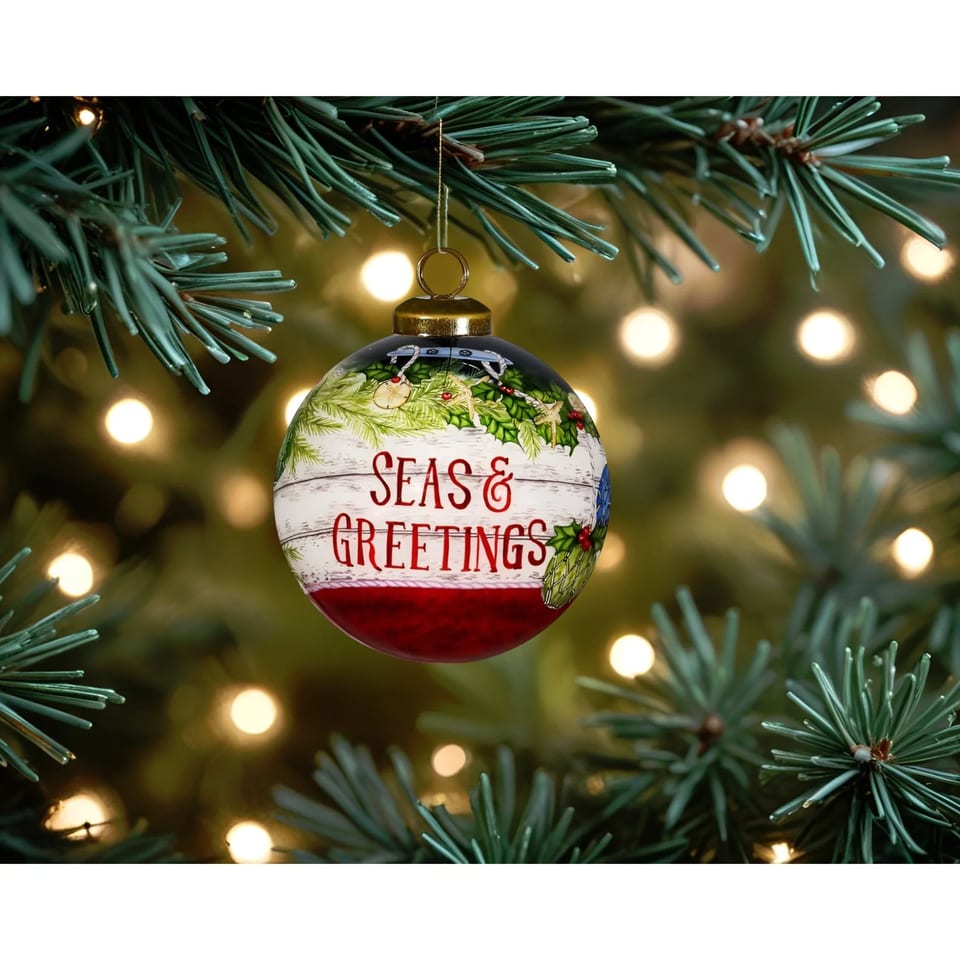 Hand Painted & Mouth Blown Glass Ornament HMS Holly Seas & Greetings for, product photo