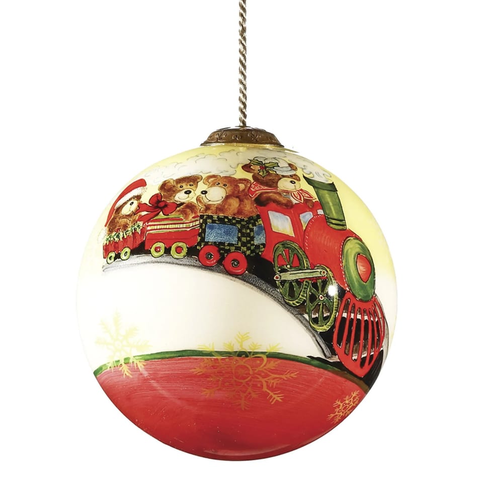 Hand Painted Mouth Blown Glass Ornament Teddy on Toy Train for Christmas Ball &, product photo