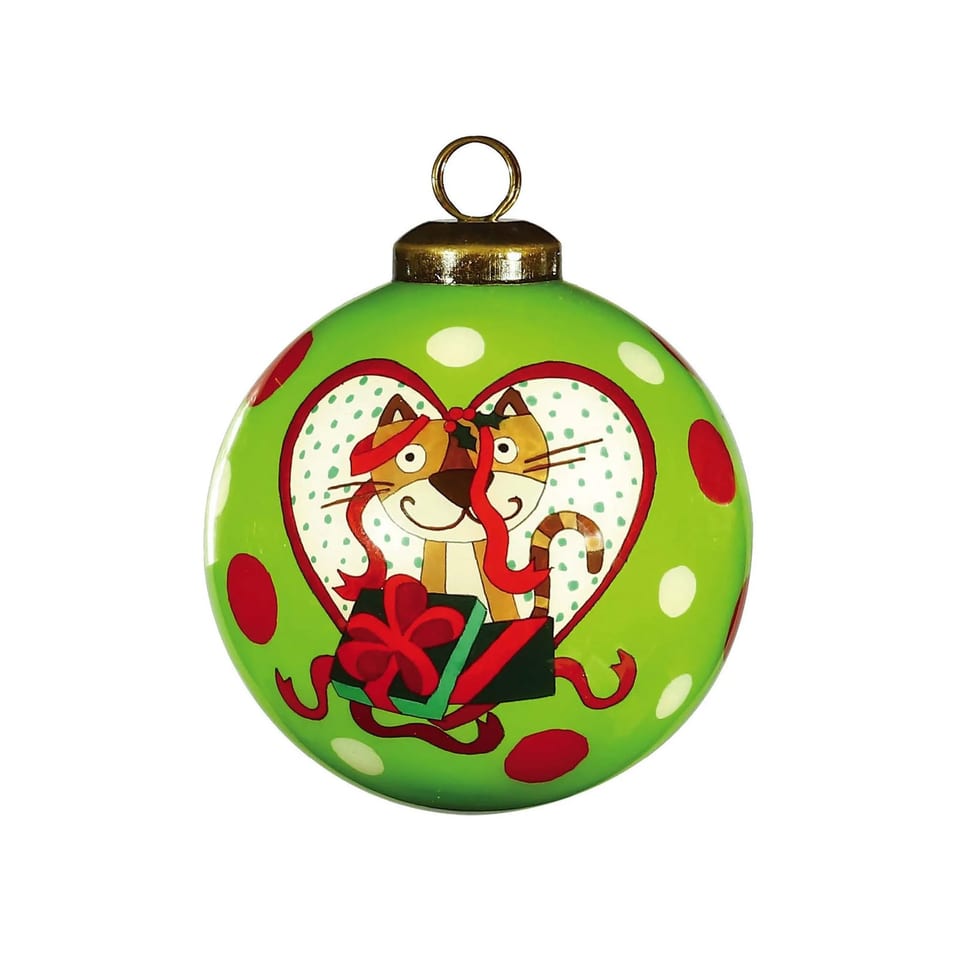 HMS Hand-Painted Cat in a Heart Ornament Mouth Blown Glass Christmas Ball &, product photo