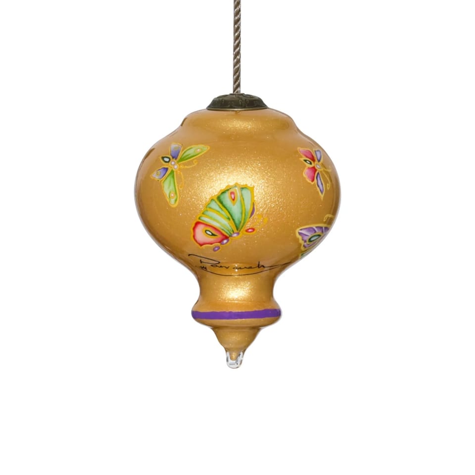 HMS Golden Butterflies Hand Painted Mouth Blown Glass Ornament Extravagant, product photo