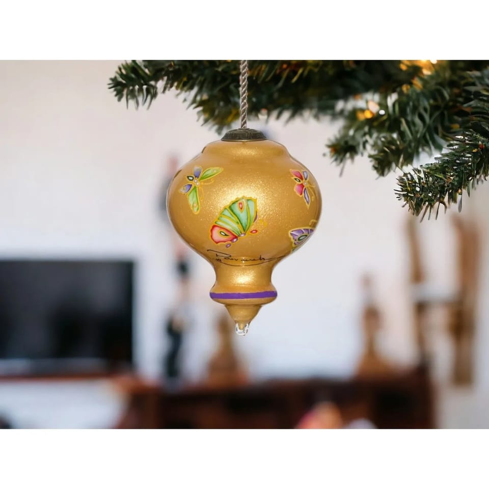 HMS Golden Butterflies Hand Painted Mouth Blown Glass Ornament Extravagant, product photo