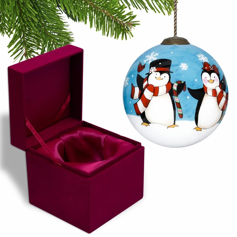 HMS Anywhere Penguin Hand Painted Mouth Blown Glass Ornament Christmas Ball &, product photo