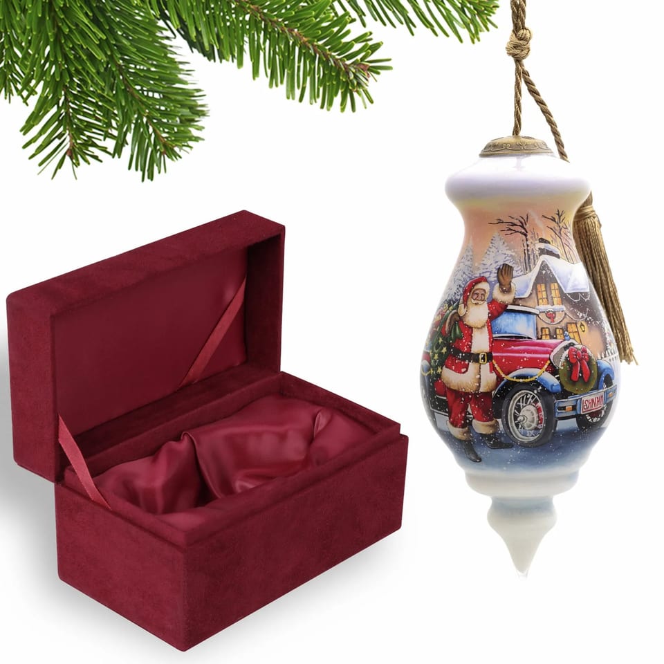 HMS Vintage Hand-Painted Mouth Blown Glass Ornament Car and Santa Waving for, product photo