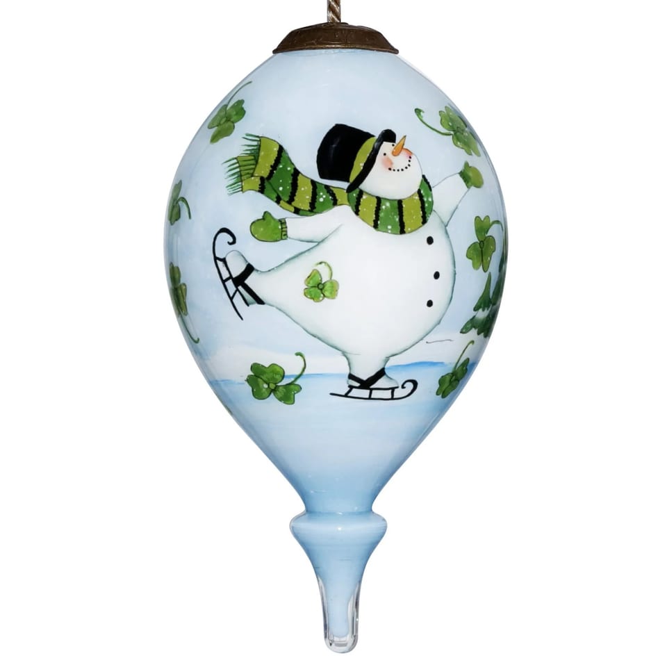 HMS Hand Painted Mouth Blown Glass Ornament-Ice Skating Shamrock Snowman for, product photo