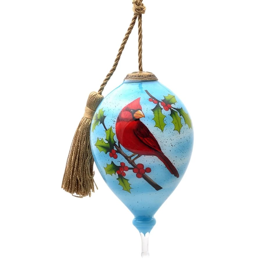 Hand Painted Mouth Blown Glass Ornament HMS Red Cardinal on Christmas Holly, product photo