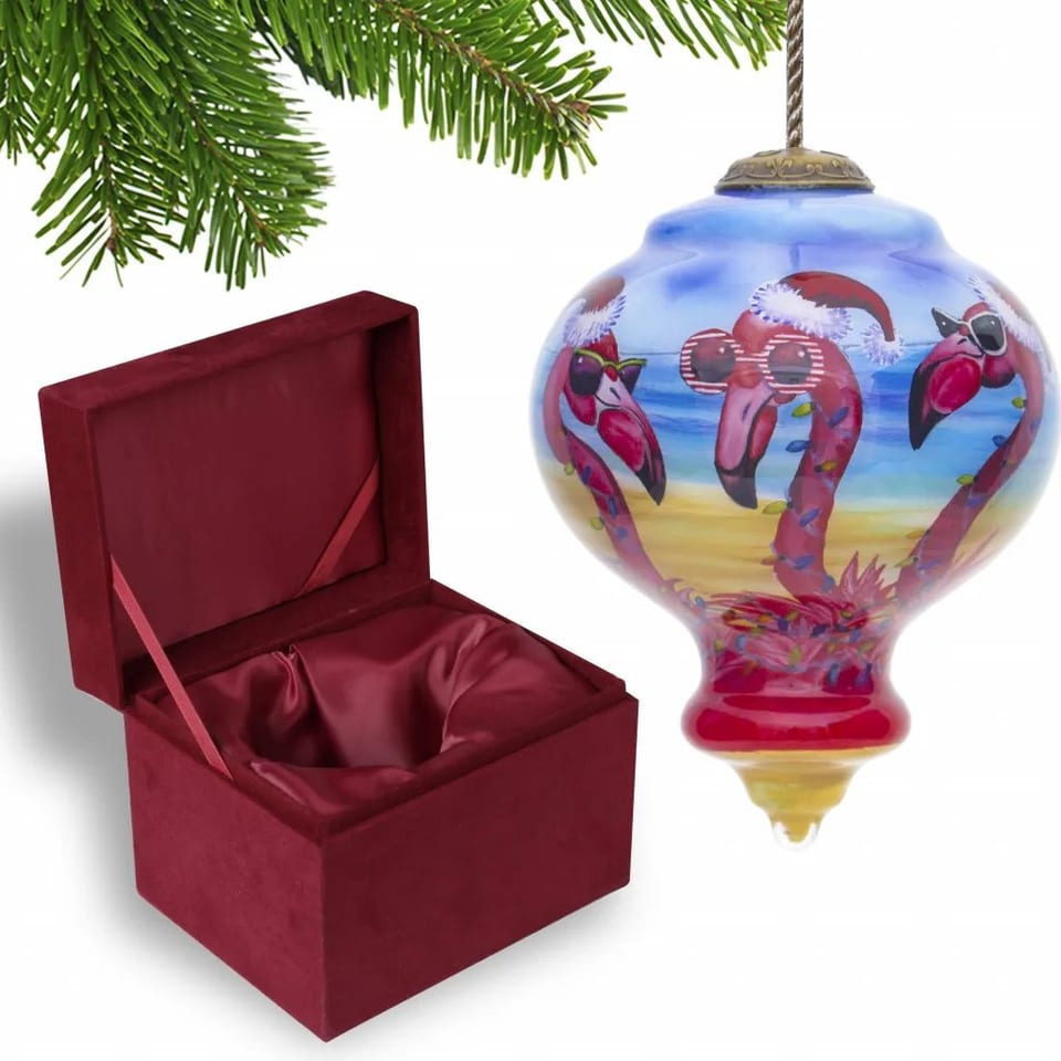 HMS Luxury Pink Christmas Flamingos Glass Ornament Hand Painted & Mouth Blown, product photo