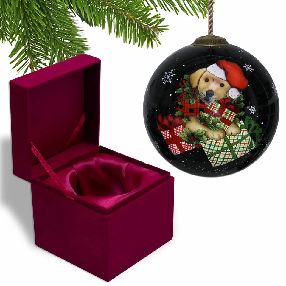 Hand Painted & Mouth Blown Glass Ornament HMS Christmas Puppy with Presents for, product photo