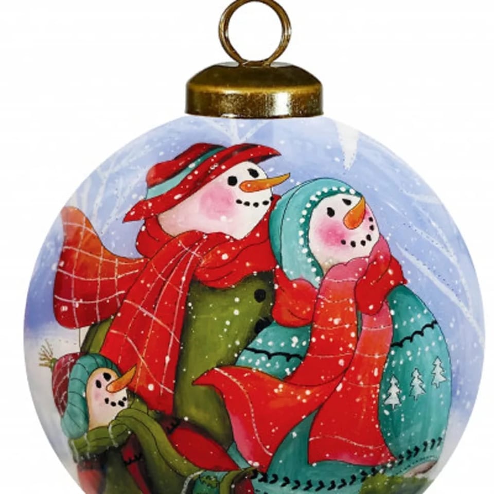 HMS Hand-Painted Mouth Blown Glass Ornament Snowman Family Blessing for, product photo