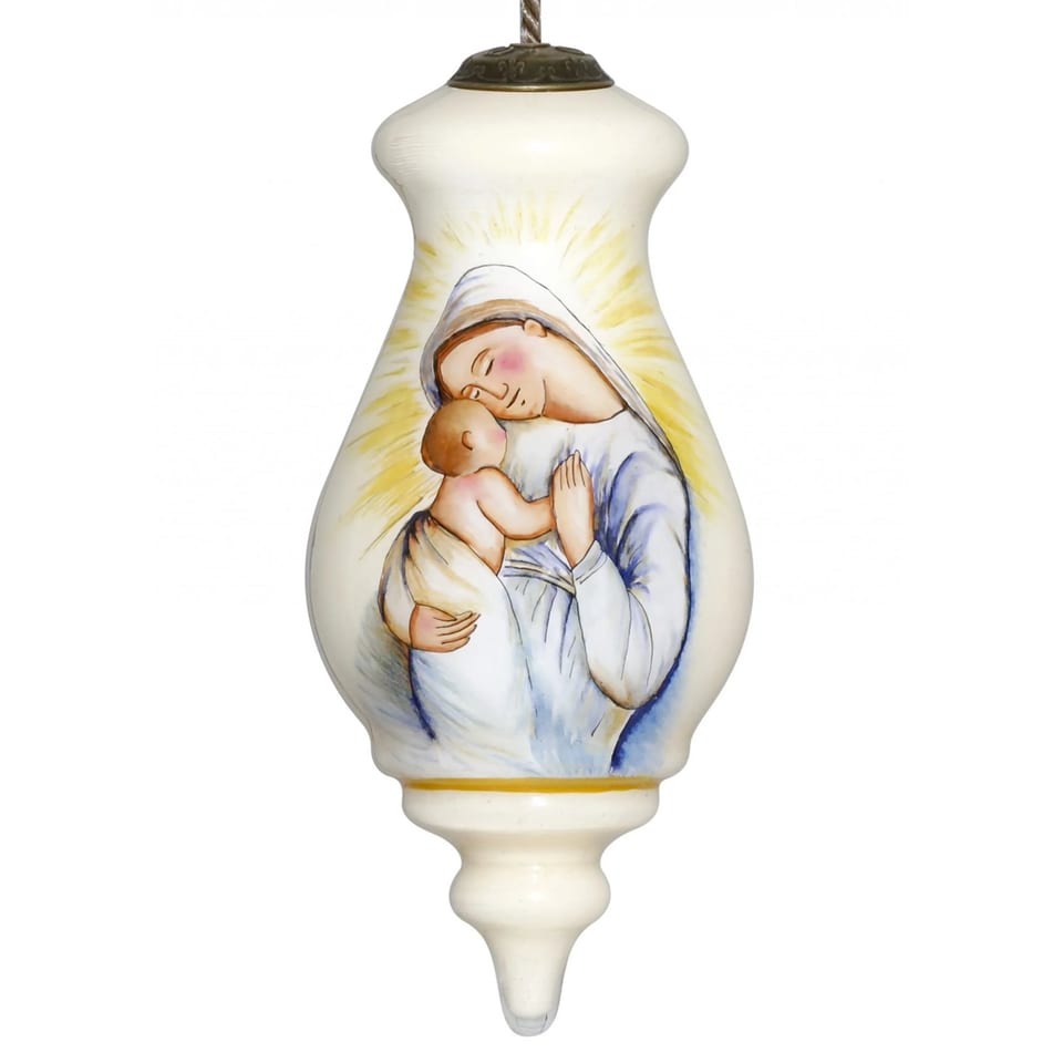 Hand Painted & Mouth Blown Glass Ornament HMS Mother Mary with Baby for, product photo