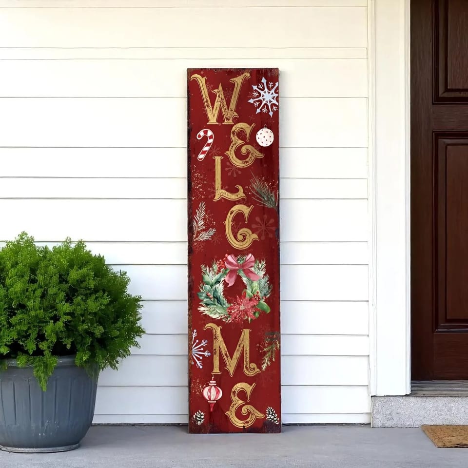 HMS 36\" Solid Wood Christmas Wreath in Red Gold Green with Welcome Porch Sign, product photo