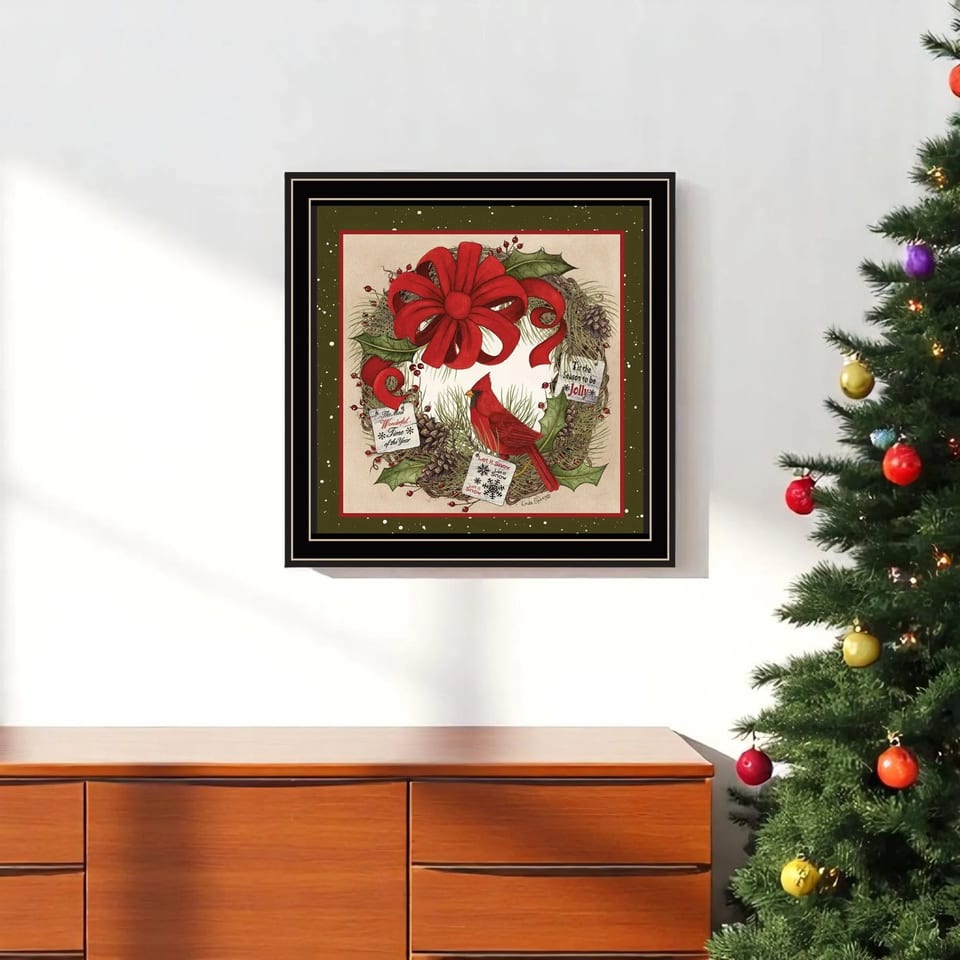 HMS Black Framed Wall Art Cardinal Wreath Design for Christmas Decorations, product photo