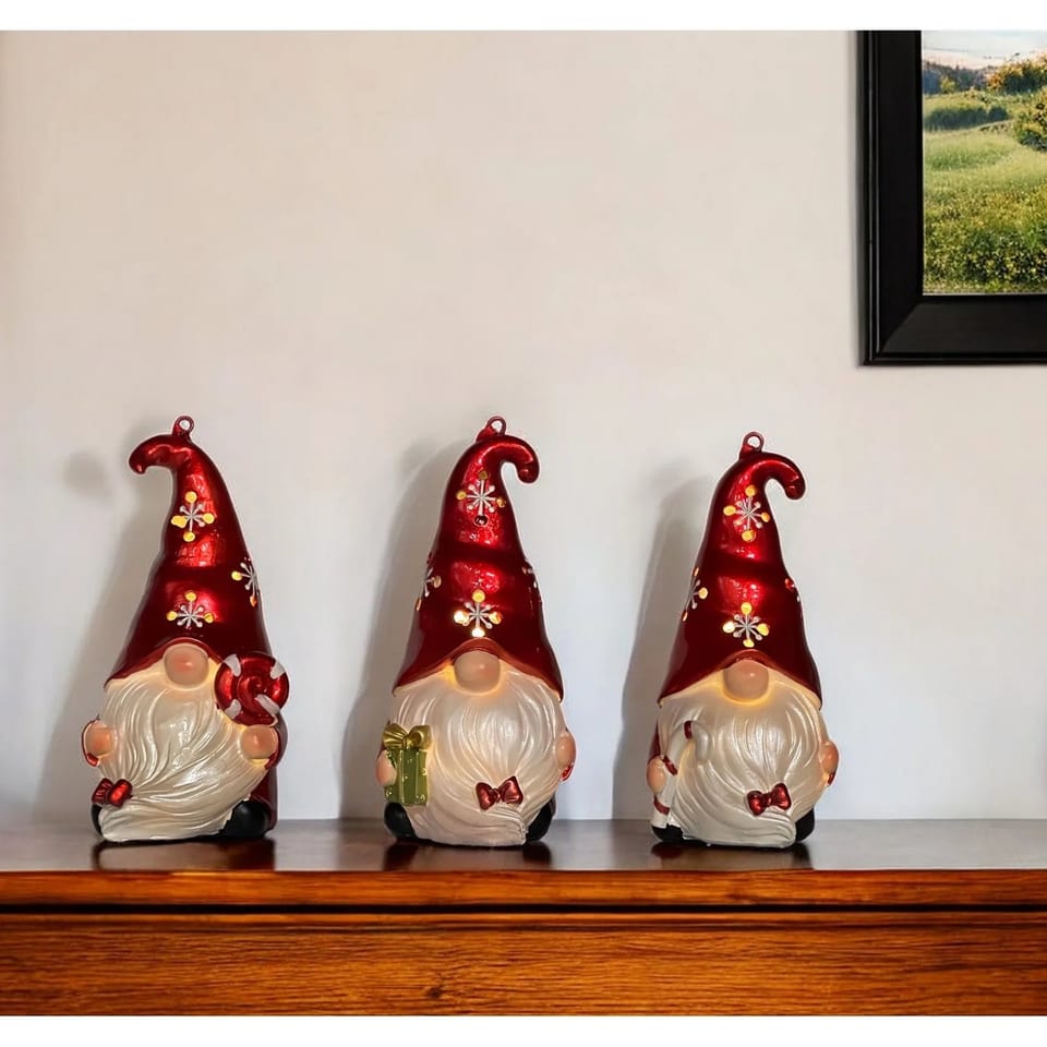 Set of Three HMS LED Light-Up Santa Gnome Christmas Ornaments Red and White, product photo