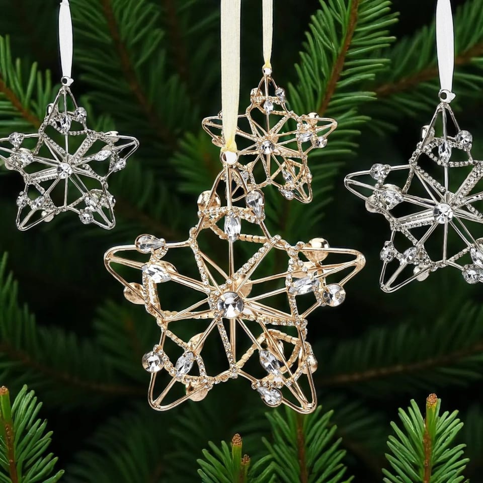 Handmade Faux Crystal and Metal Hanging Star Ornaments Set of Four in Gold and, product photo