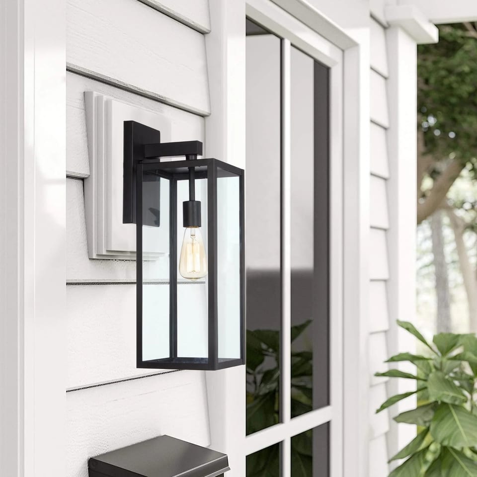 Outdoor Wall Light Black Finish With clear Glass Shade Farmhouse Style Garden, product photo