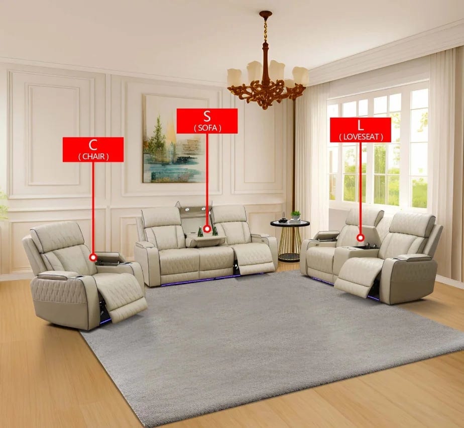 Leather Reversible Headrest LED Lights Power Sofa Set Recliner Function, product photo