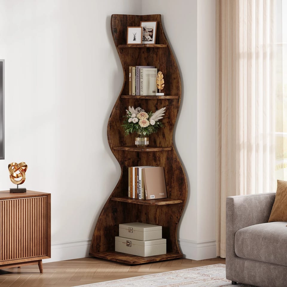 US Local Wavy Corner Shelf, Modern 5-Tier Bookshelf Bookcase with Curvy Shape, product photo