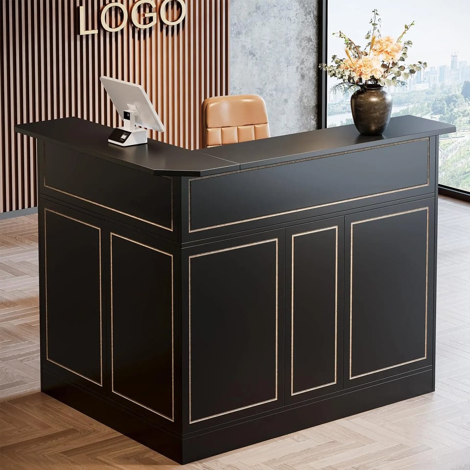 US Local Reception Desk with Storage Shelves, L-Shaped Modern Front Desk, product photo