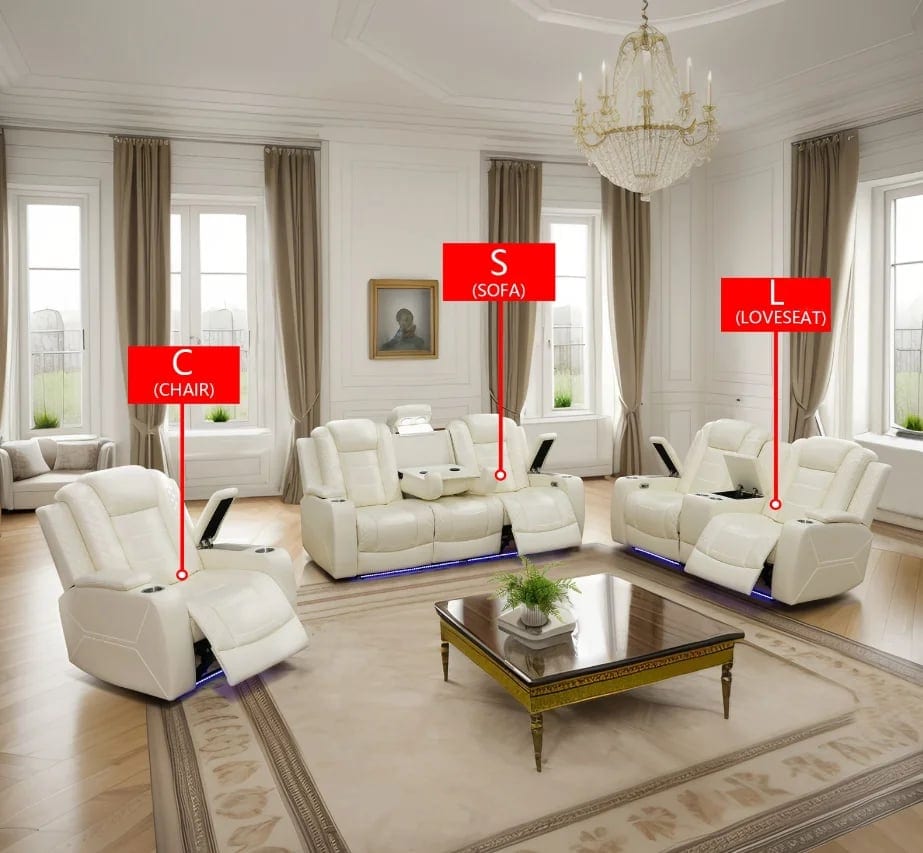 Modern Genuine Leather Convertible Extendable Square Cooling Recliner Sofa Set, product photo