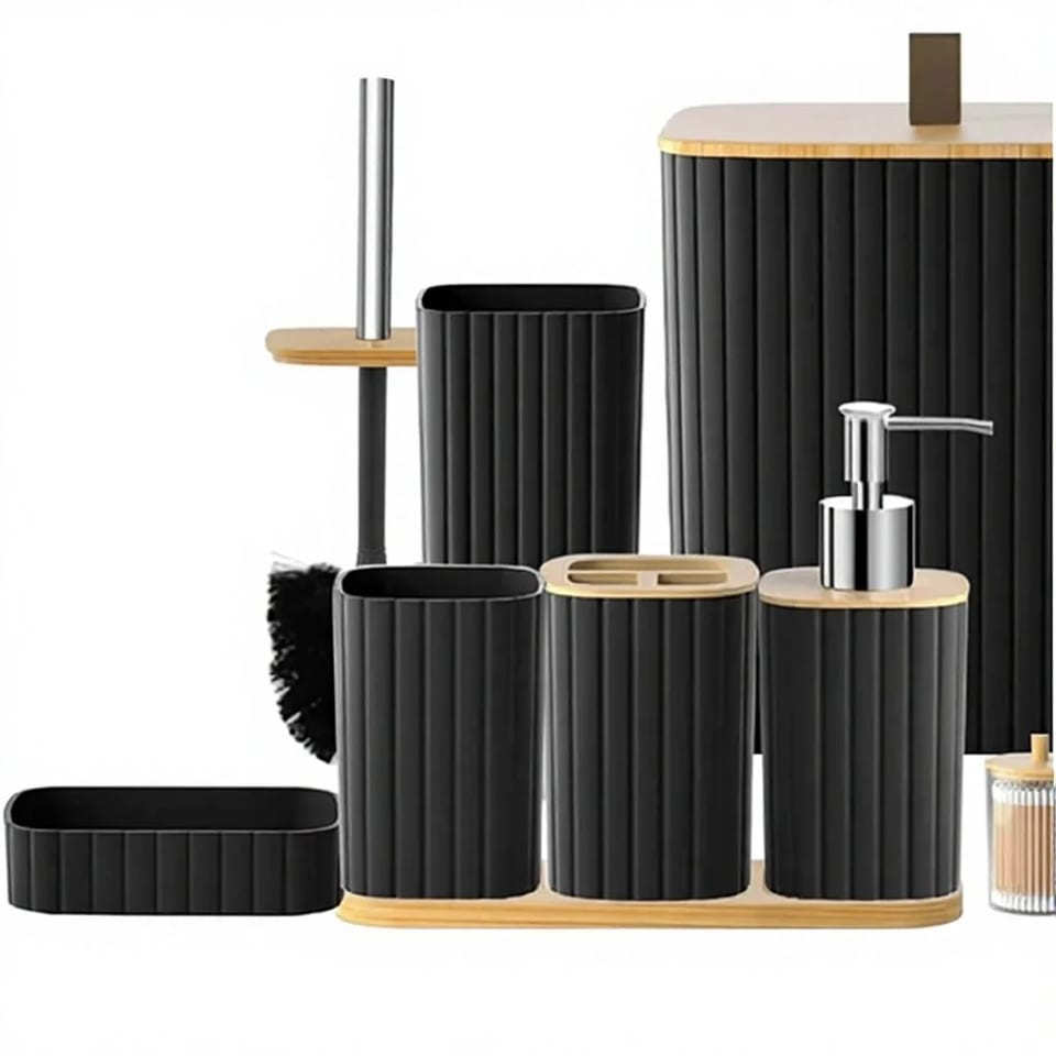 9-Piece Black Bathroom Set Includes Toilet Brush Holder Soap Dispenser, product photo