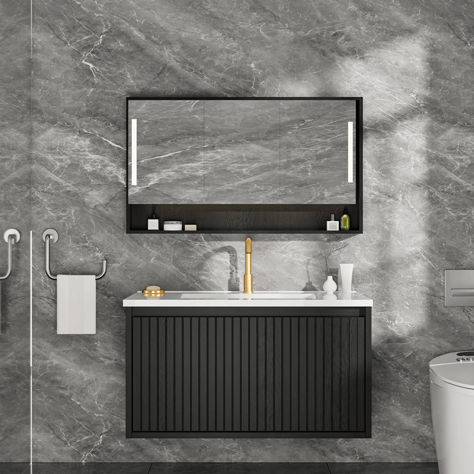 30 Inch Bathroom Vanity Cabinet With Ceramic Sink - Black Wall Mounted Floating, product photo