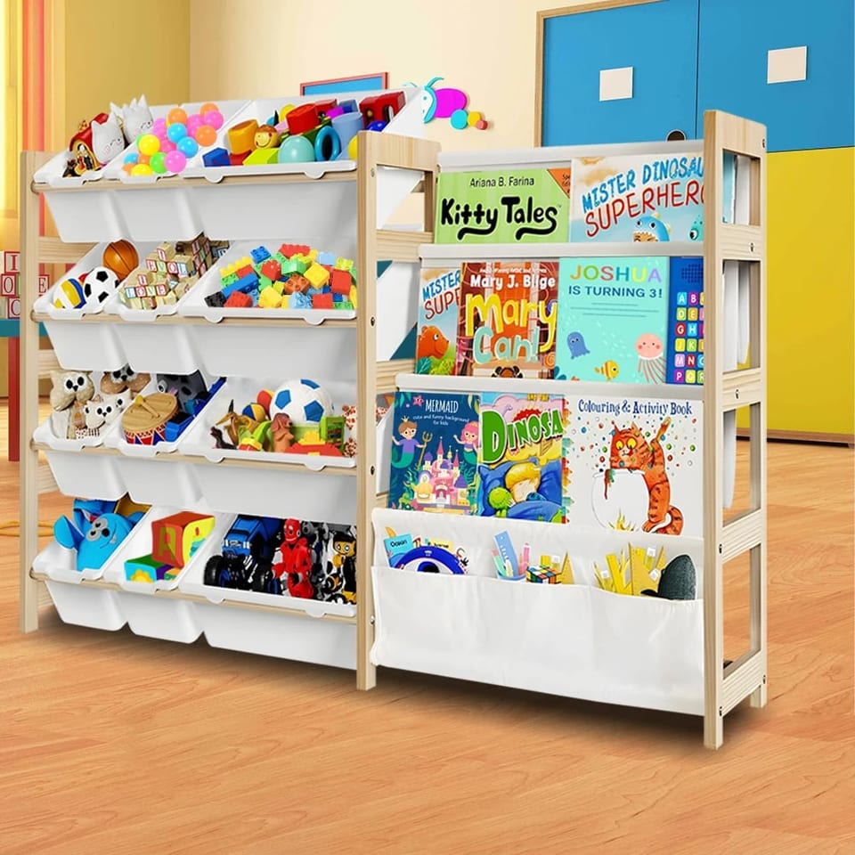 4 Shelves and 12 Bins Quick Assembly Toy Storage Organizer with Bookshelf for, product photo