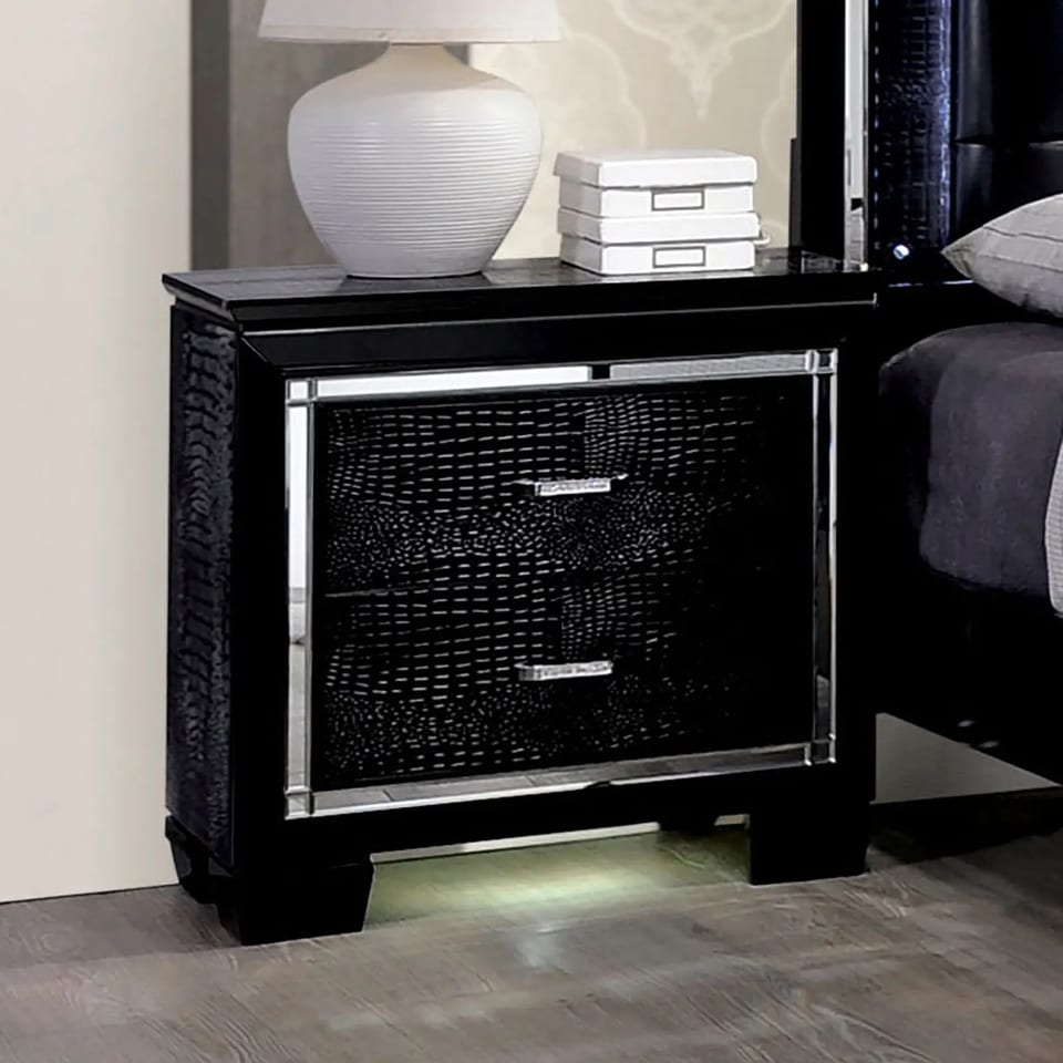Contemporary Black Nightstand With LED Light Mirror Drawer Bedroom Furniture, product photo