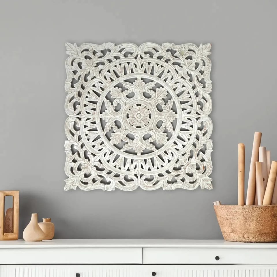White Square Shape Handcrafted Wooden Wall Decor 36"x36" Elegant Home Accent, product photo
