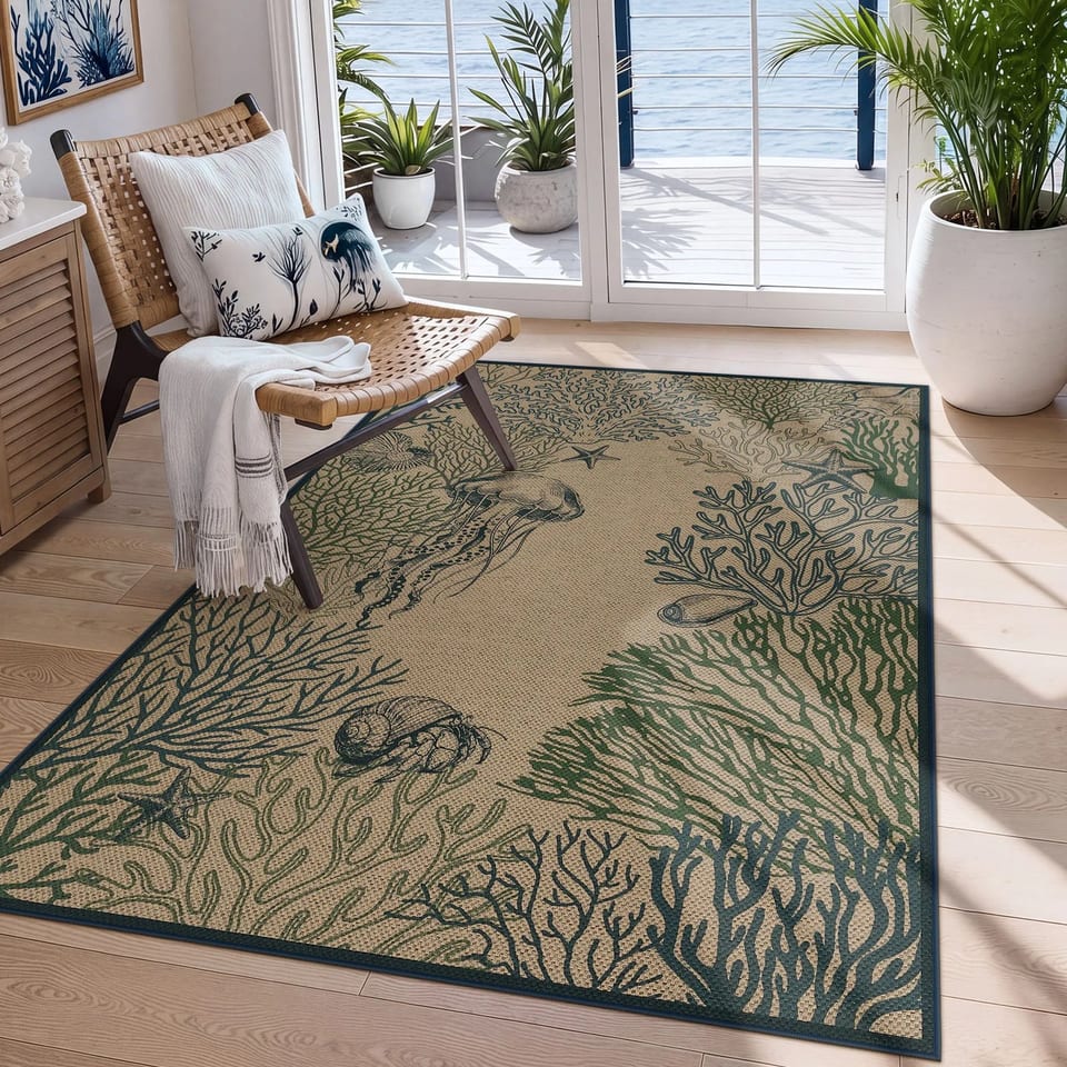 Tribesigns Jute Washable Outdoor Rug, Coastal Blue Green Patio Rug, Boho Animal, product photo