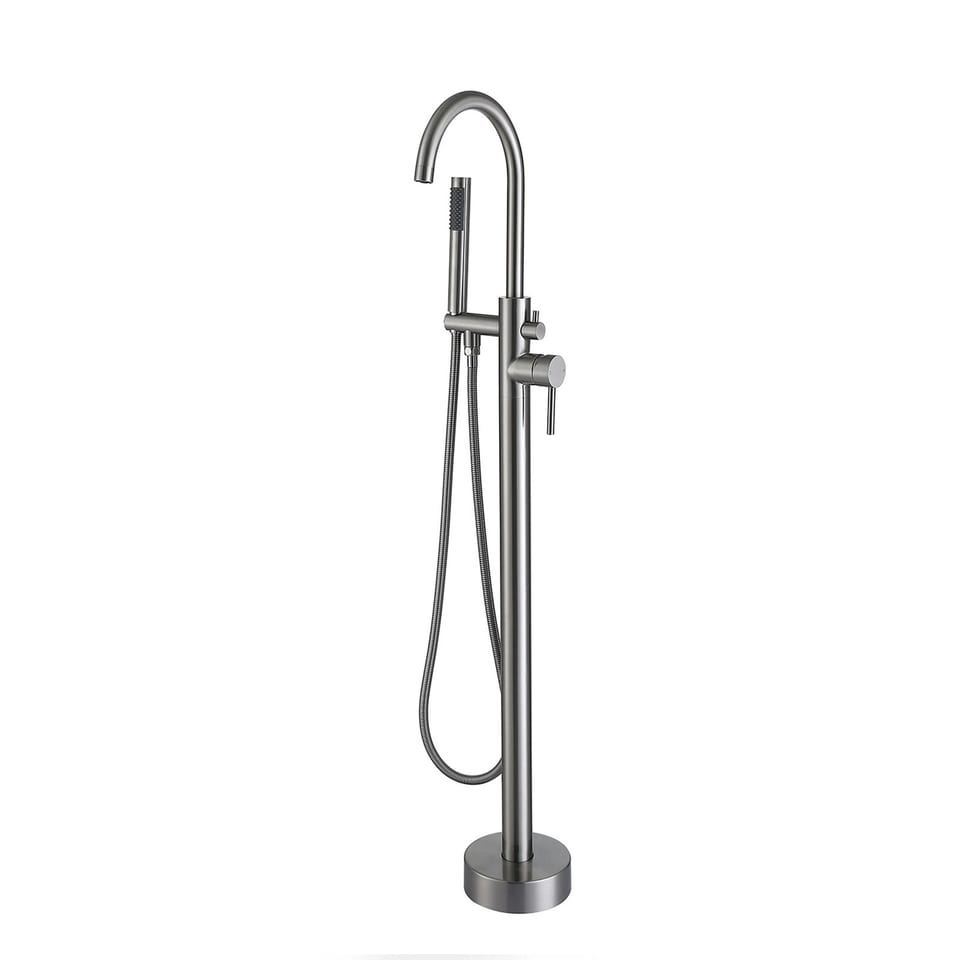 Brushed Nickel Freestanding Tub Filler Floor Mounted Bathtub Faucet with High, product photo