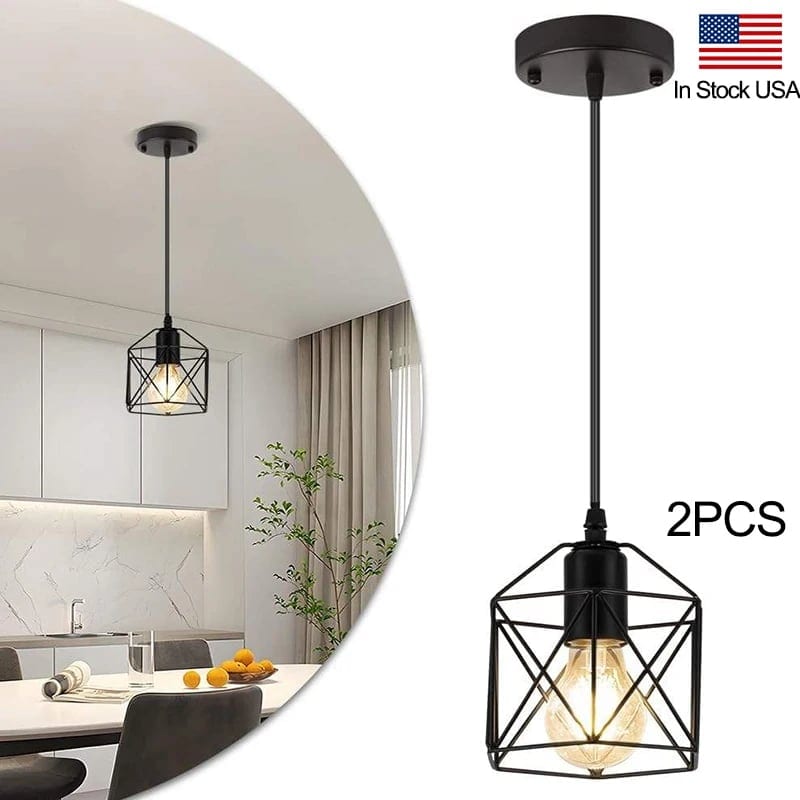 2PCS Minimalist Cage Pendant Lamp Black Metal Chandelier Adjustable Hanging, product photo
