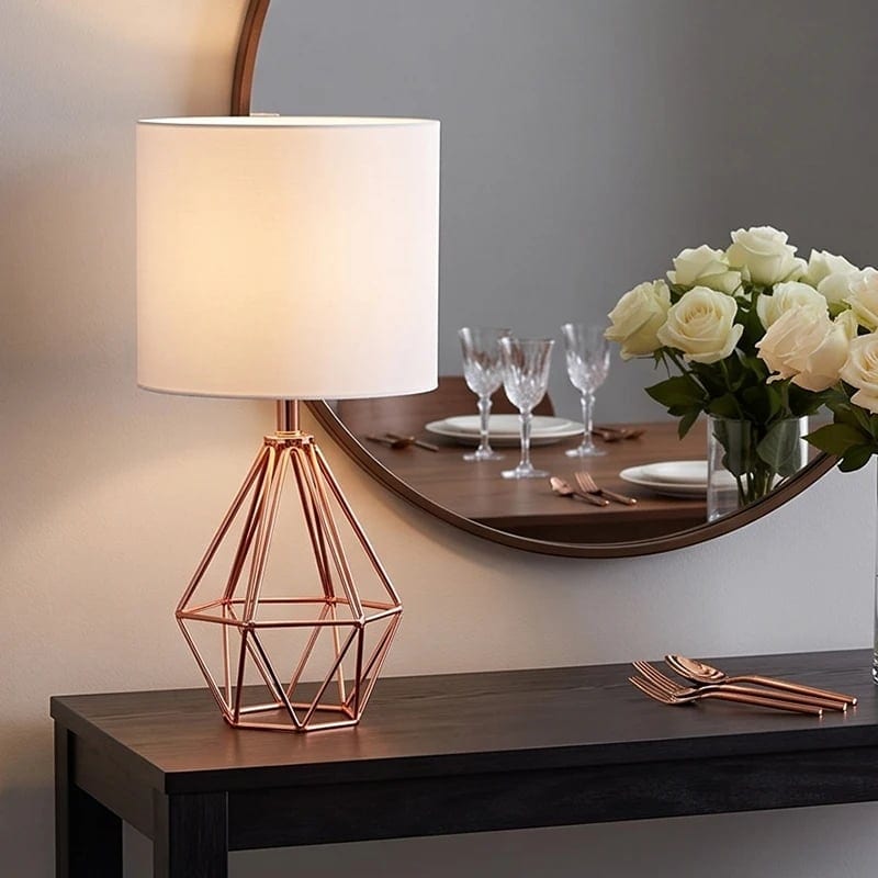 Modern Rose Gold Geometric Table Lamp Nordic Rose Gold Metal Wire Cage Bedside, product photo