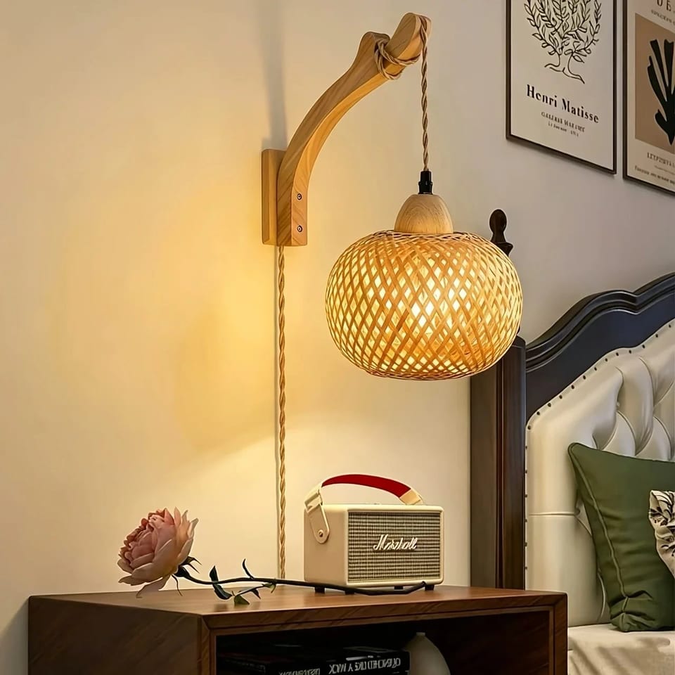 Wicker Plug-in Wall Light Wooden Wall Lamp With on Off Switch Retro Bamboo, product photo