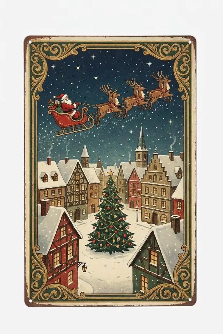 Santa Sleigh Over Snowy Village Metal Wall Art, 20x30cm Classic Christmas Tin, product photo