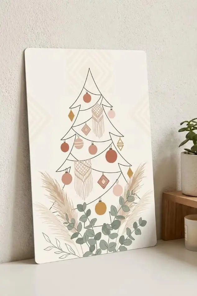Boho Minimalist Christmas Tree Metal Wall Art, 20x30cm Scandinavian Holiday Tin, product photo