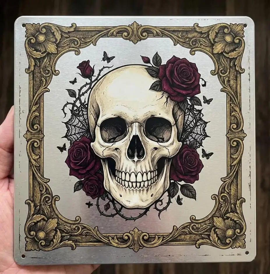 Dark Floral Skull Square Metal Sign, 20x20cm Halloween Tin Wall Art, Victorian, product photo