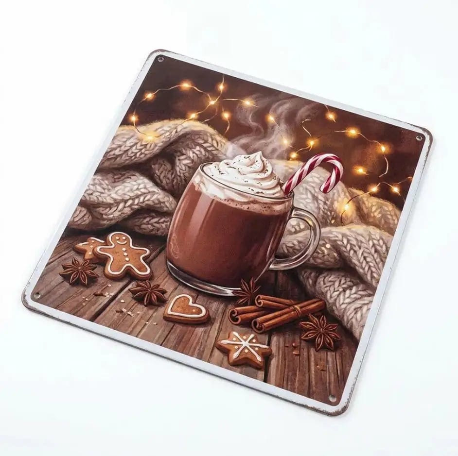 Hot Cocoa Christmas Square Metal Sign, 20x20cm Cozy Hygge Tin Wall Art, product photo
