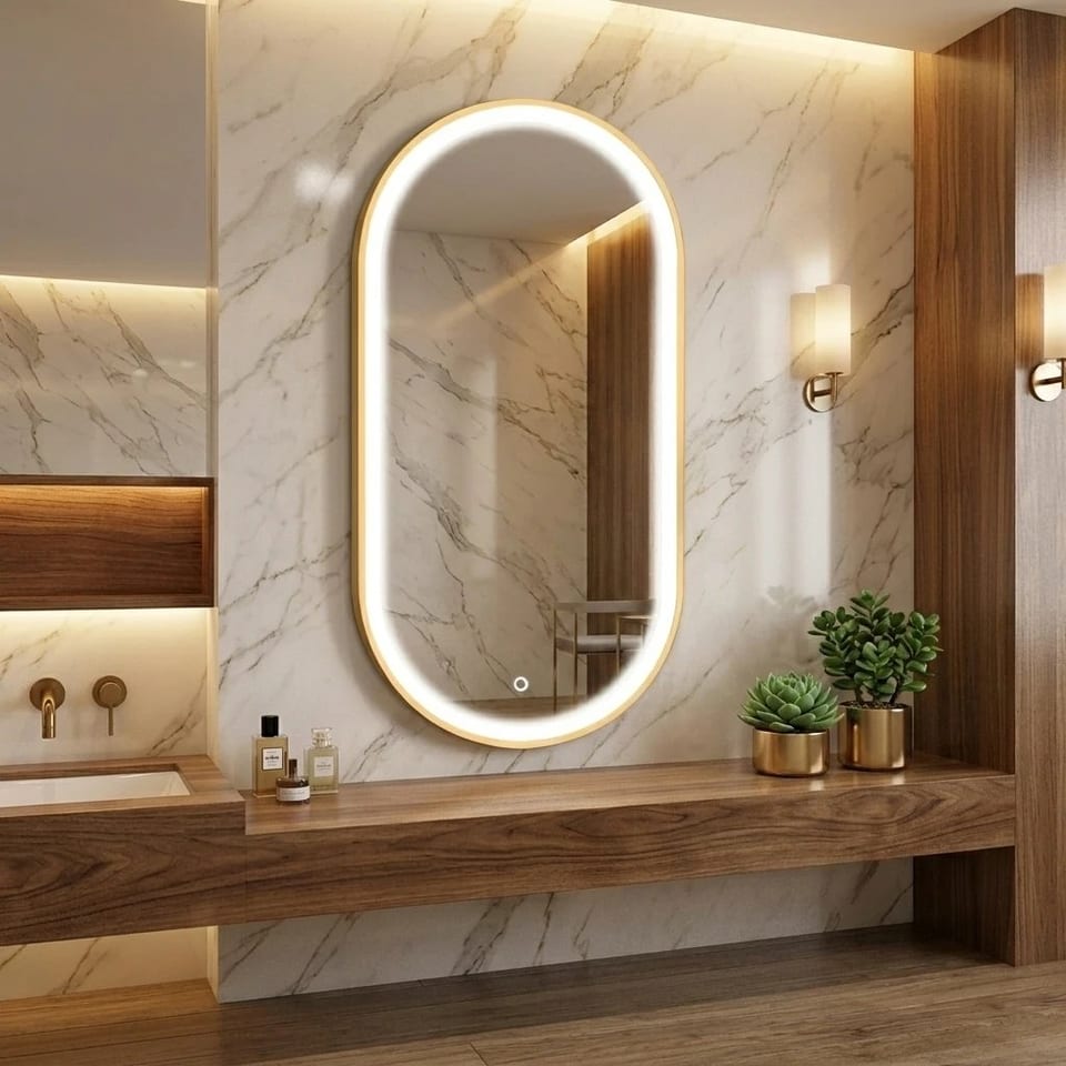 US Modern Defogger Smart Framed Gold Bathroom Mirror, product photo