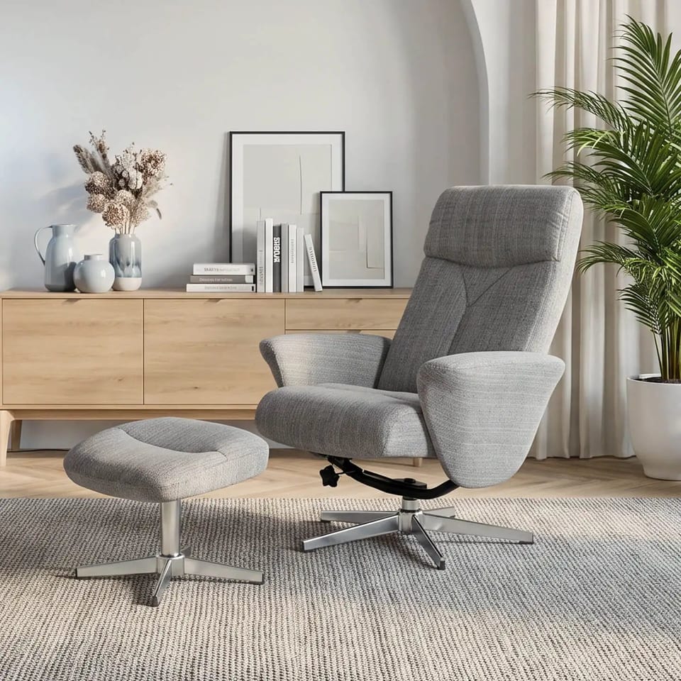 Modern Swivel Lounge Chair with Ottoman, Fabric Upholstery, Metal Base, product photo