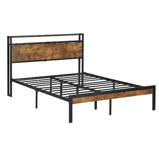 King Size Metal Platform Bed Frame With Wooden Headboard And Footboard With USB, product photo