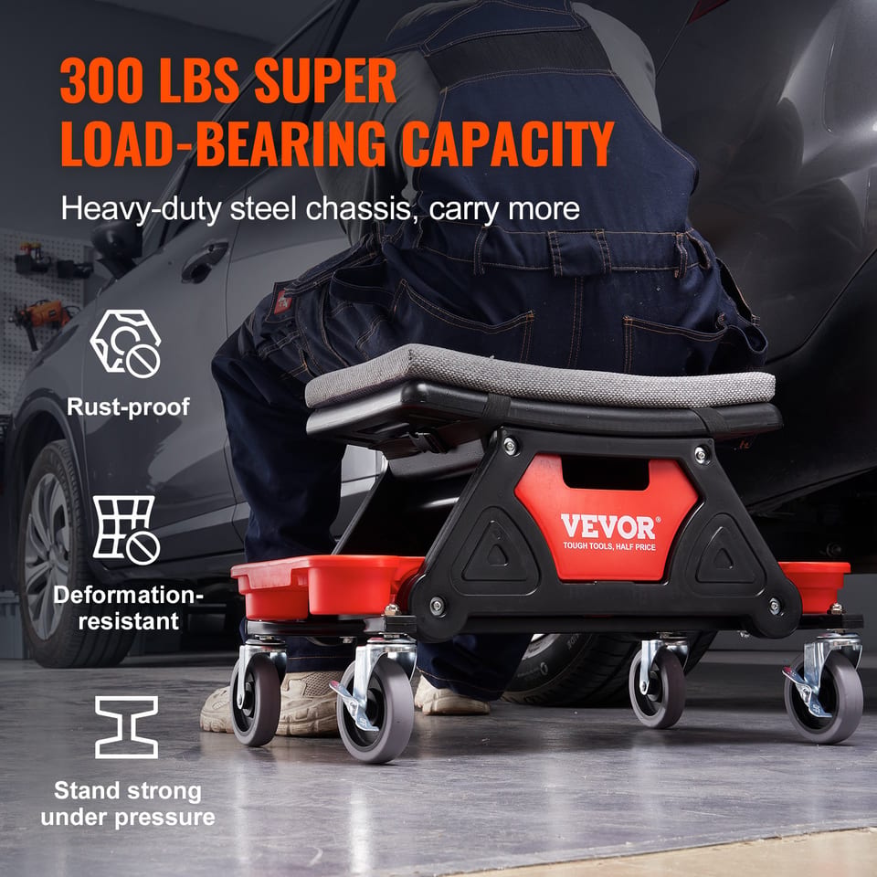 VEVOR Mechanics Stool, 300 LBS Capacity Rolling Mechanic Seat With Wheels, With, product photo
