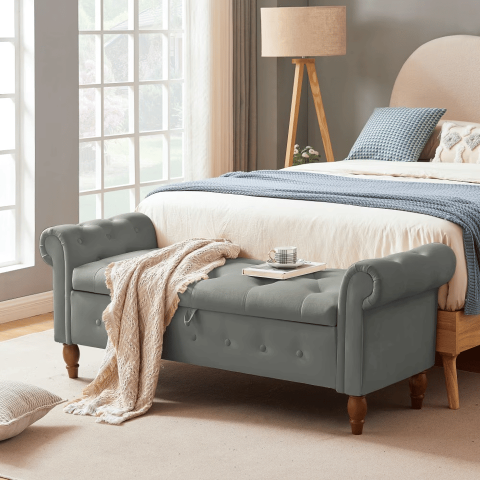 Velvet Multifunctional Storage Rectangular Sofa Stool - Grey, product photo