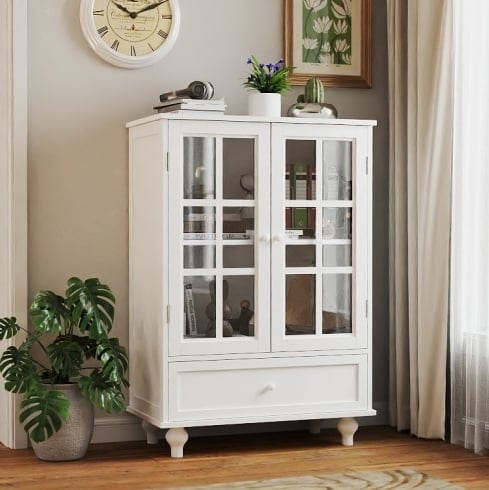 Minimalist White Buffet Cabinet With Double Glass Doors And Drawer, Modern, product photo