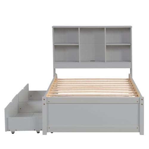 Modern Twin Size Bed Frame With Built-in USB Port On Bookcase Headboard And 2, product photo