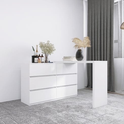 Extended Desktop 6 Drawers Chest Of Drawer Without Handle White Color Vanity, product photo