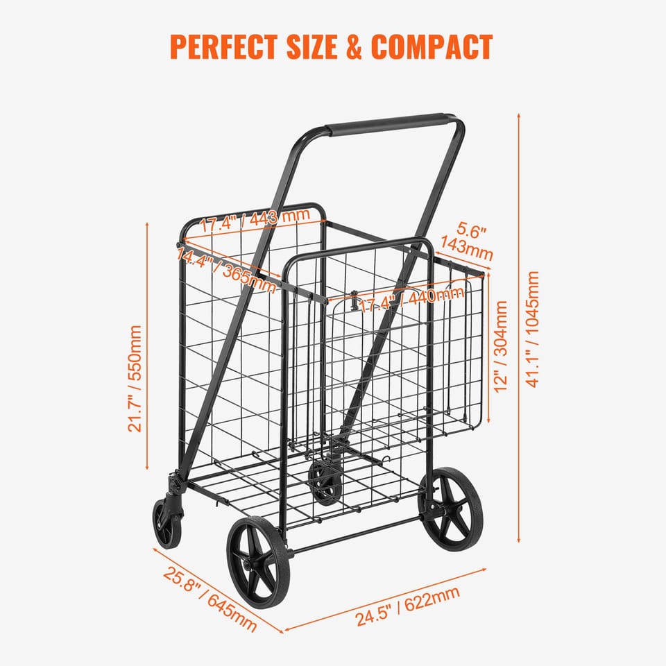 VEVOR Folding Shopping Cart, Jumbo Grocery Cart With Double Baskets, 360Swivel, product photo