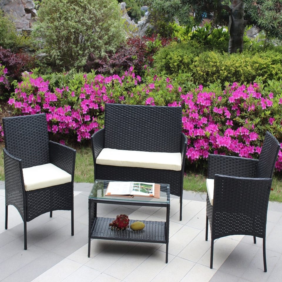 4 PC Rattan Patio Furniture Set Outdoor Patio Cushioned Seat Wicker Sofa Beige, product photo