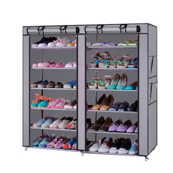 6-story Double Row 12 Grid Non-woven Fabric Shoe Cabinet Gray, product photo