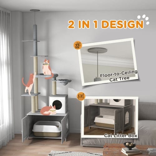 PawHut Cat Tree With Litter Box Enclosure, 2 In 1 Floor To Ceiling Cat Tower, product photo